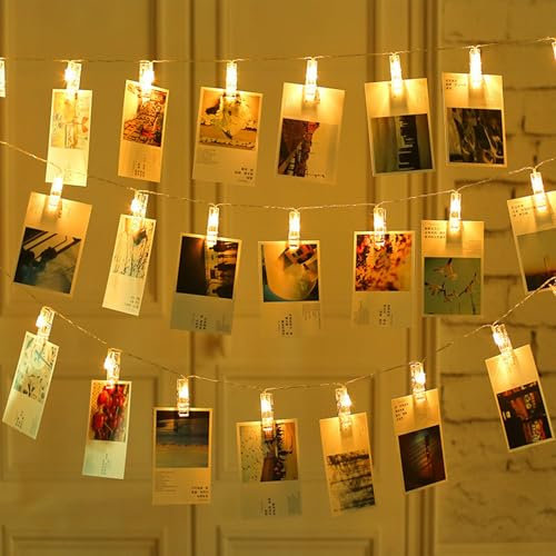 ENLACE Fotoclips Lichterkette mit Klammern, 3M, 20 LED, Batteriebetrieben, Warmweiß, Zimmer, Wohnzimmer, Hochzeiten, Weihnachten, Party Deko, Bilder Aufhängen