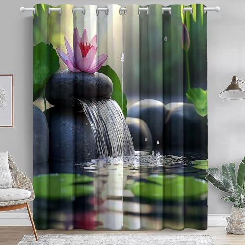 Hellgrün Verdunkelungsvorhänge mit Ösen, Chinesisches Zen 3D-Lotus Bedruckte Thermo Isoliert Privatsphäre Vorhänge, H 245 x B 100 cm (2er Pack) für Wohnzimmer Kinderzimmer