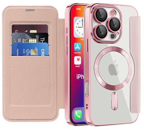 SIYOPINPFY Wallet Case for iPhone 16 Pro with Card Holder, Rose Gold JD | [Compatible with MagSafe] [RFID Blocking] Premium Flip Leather Card Slots Holder , Magnetic Clear Back Shockproof Phone Case