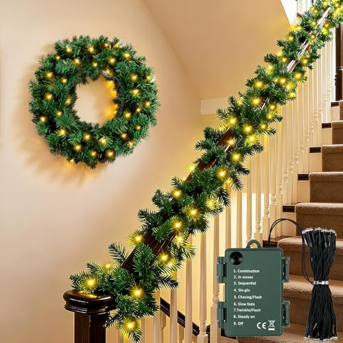 Tannengirlande mit Beleuchtung Weihnachtsgirlande - Girlande Weihnachten mit 40 LEDs, Weihnachtsdeko Girlande Tanne Tannengrün, Christmas Garland Künstliche Tannengirlande für Innen Aussen, 2.4m