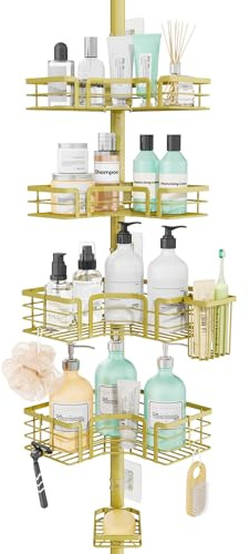 SWTYMIKI Telescopic Shower Caddy Corner - 4-Tier Rustproof Shower Corner Shelves, Tension Rod with Soap Holder, Adjustable No-Drill Organiser for Bathroom Storage, 27.6-108.3 inches