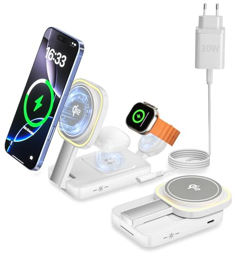 Mag-Safe Ladestation für Apple Watch und iPhone, 15W Qi2-Zertifiziertes Induktive Ladestation [Faltbar & Nachtlicht] Kompatibel mit iPhone 17 16 15 14 13 12 Serie, für Apple Watch 11/10/9/Airpods