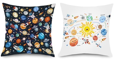 Joymaison Kissenbezüge 45x45 2er Set Kinder Weltraum Planeten Astronaut | Deko Kissenhülle Cartoon Sonnensystem für Kindergarten Klassenzimmer Dekorative Kissenbezug Kissen für Couch Sofa
