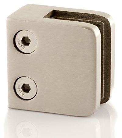 Glashalter Edelstahl 8mm für Geländer mit flachem Ansatz 45/45 mm Glasklemme für Glasstärke 8,0 mm V2A Klemmhalter Bayram® (8mm Glas)