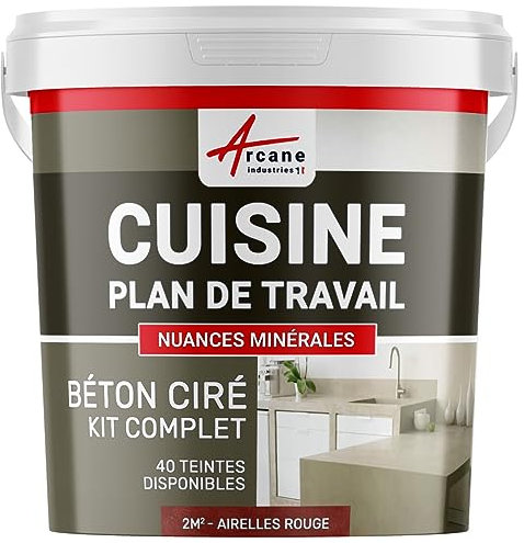 Béton ciré cuisine, plan de travail, crédence, évier sol et mur revêtement mural décoratif kit complet - 2 m² (en 2 couches) Airelles Rouge - ARCANE INDUSTRIES