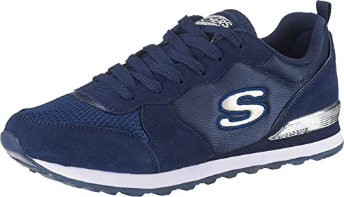 Skechers Damen Og 85 Gold'n Gurl Sneaker, Navy Suede Mesh Nylon Silver Trim, 35 EU