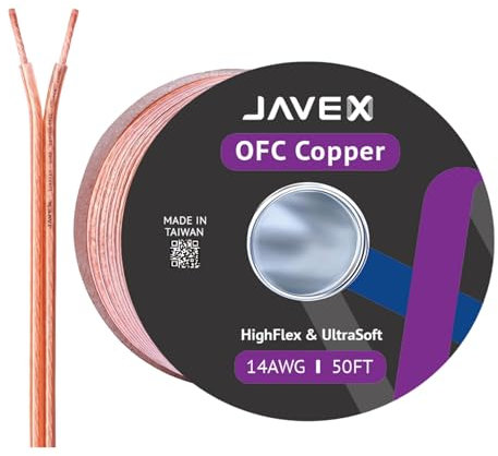 JAVEX Cavo per altoparlanti [2x2.11mm2] 14AWG [rame privo di ossigeno 99,9%] rame incagliato, cavo piatto, cavo per sistemi Hi-Fi, amplificatori 50FT [15.25m]