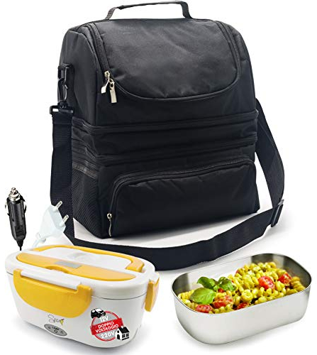 SPICE Borsa Termica Caldo e Freddo Big Size Grande Capacità 22 L con tracolla porta pranzo + Scaldavivande Amarillo inox Plus Doppio Voltaggio 12V - 220V con Vaschetta Acciaio Inox Estraibile