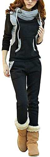 BUOYDM Tuta Donna Sportiva Completa Felpa Cappuccio Collo Alto & Pantaloni 2 Pezzi Completo Sportivo Autunno Inverno A-Nero L