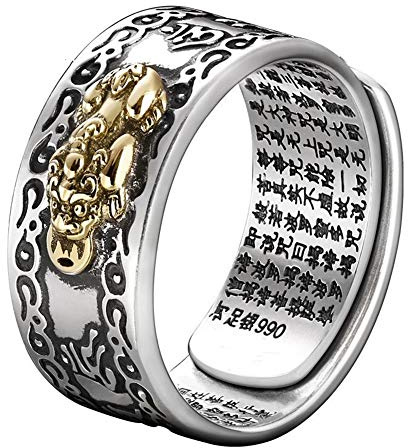 JAJAFOOK Ring aus 990er Sterlingsilber, Feng-Shui-Pixiu-Mani-Amulett, Glücksbringer, buddhistischer Schmuck, verstellbarer Ring