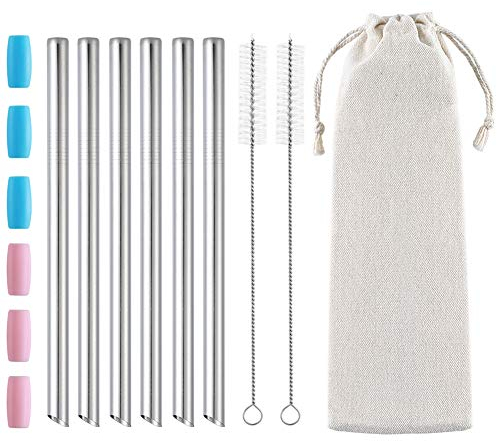 6 Pcs Reusable Boba Straws - 0.5 Wide Stainless Steel Straws, Angled Tips for Bubble Tea, Milkshakes, Smoothies with Cleaning Brush & Case (Silver)