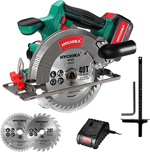 HYCHIKA Sega circolare a batteria, 18V con 2 lame da 165 mm, profondità di taglio massima 53 mm (90°)/36 mm (45°)