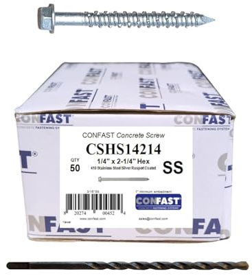 CONFAST Betonschrauben, 6,3 mm x 5,4 cm, 410 Edelstahl, Sechskant, mit Betonbohrer zur Verankerung an Mauerwerk, Block oder Ziegel, 50 Stück pro Box