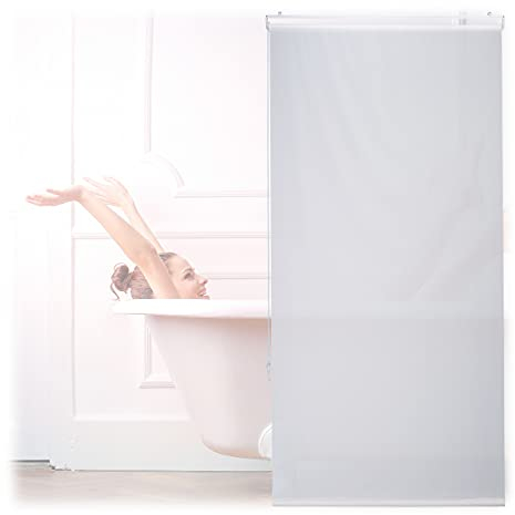 Relaxdays Tenda per Doccia Moderna, 80x240, Vasca da Bagno, Idrorepellente, Montaggio a Soffitto, Rullo Finestra,Bianca