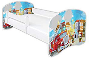Clamaro 'Schlummerland' Kinderbett 80x160 (bis 150kg belastbar) mit Motiv, Rausfallschutz, Kantenschutz, Matratze und Lattenrost | Jugendbett Weiß | Motiv: 45 Feuerwehr
