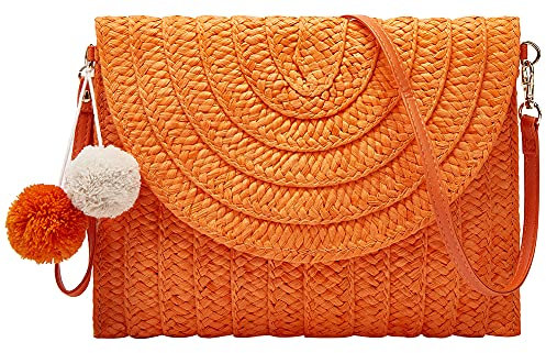 Obosoyo Women's Orange M Boho Straw Clutch Handbag, Handmade, Lightweight, Unique Design, Magnetic Closure, 2 Pompoms, Removable Strap, 3 Compartments, Perfect for Beach, Travel, Daily Life