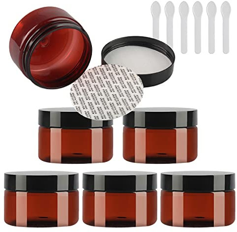 TIANZD 6 Pièces Vides Petit 100 ml Marron Cosmétique Pot en Plastique avec Couvercle Noir 100 g Pots de Cosmétique Crème de Bouteille Contenant avec 6x Spatules