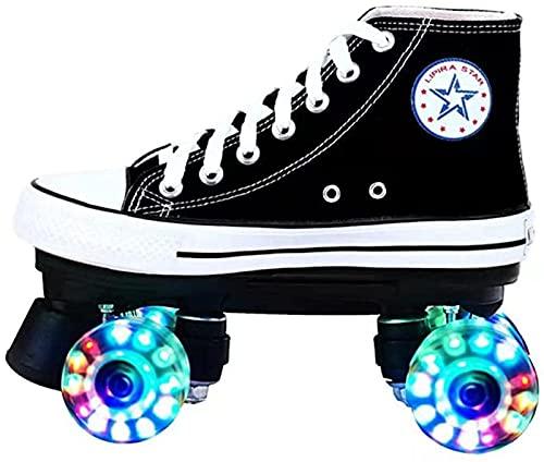 LETIAN Damen Rollschuhe Mädchen Classic High Top Canvas Erwachsene Rollschuhe Zweireihig Leuchtende Rollschuhe Vierrädrige Glänzende Rollschuhe Perfekt Im Freien Indoor, Mit Tasche B,40