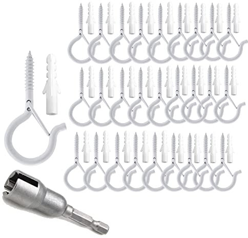 TAIHUIMY Screw Hooks Q-Hanger Hooks for Outdoor String Lights, Christmas Rope Lights Clips, Wall Cabinet Ceiling Eye Hook with Safety Buckle for Wire Party Light Plants Wind Chimes (White, 30PCS)