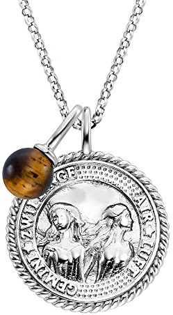 Engelsrufer Damen Halskette aus Sterling Silber und Sternzeichen Zwilling Anhänger - besetzt mit 3 Zirkonia Steinen und einem Tigerauge Stein Anhänger - Länge: 50cm