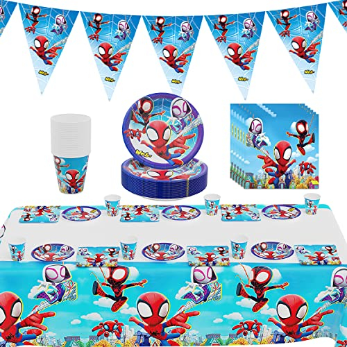 TLESMH Cumpleaños Décoration,Vajilla de Fiestas 62 Pcs,Cumpleaños de Niños,Vajilla Desechable,Platos,Bandera,Tazas,Servilletas,Manteles,Enfants Cumpleaños
