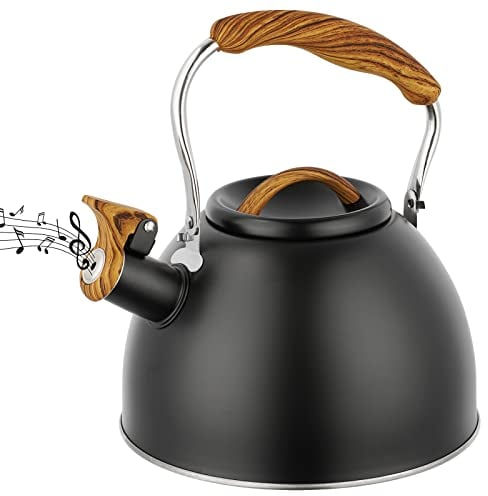 Whistling Kettle, 3 L Stainless Steel Stove Top Kettle with Wood Grain Handle and Tall Whistle, Retro Style Teapot for Kitchen Gas Stove, Induction Cooker