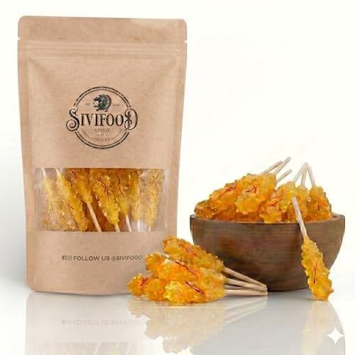 SIVIFOOD® Kandiszucker Sticks mit Safran [10 Stück] – Goldener Kandis am Stiel – Edle Safran-Kandiszucker Sticks für Tee & Kaffee – Klassische Kandissticks aus Kristallzucker (Nabat) zum Genießen