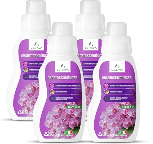 LERAVA® concime orchidee liquido – 4 x 330ml con tappo dosatore - concime per orchidee per una fioritura ricca e prolungata - con microelementi chelati – fertillizzante orchidee “Made in Italy”