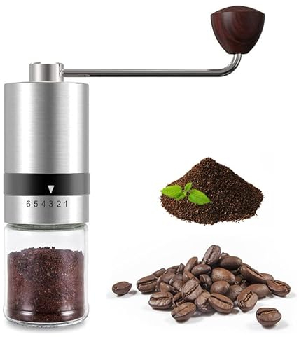 SANON Molinillo de café manual,Moledora cafe manual regulable, 6 Configuraciones Ajustables, Coffee grinder Acero inoxidable y vidrio,Regalo.