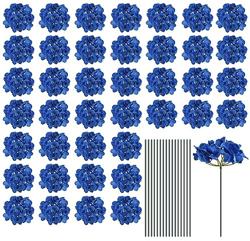 sourcing map Set di 30 ortensie artificiali in seta, colore blu scuro con steli, ortensie piene per centrotavola per matrimoni, decorazioni per feste