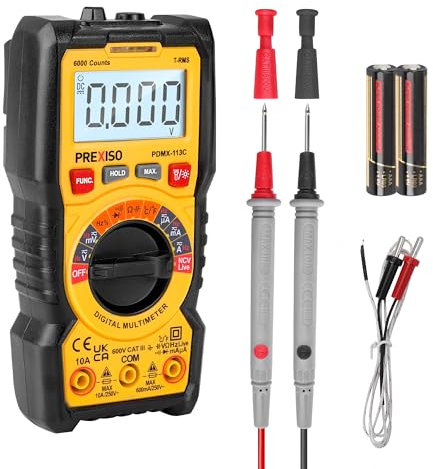 PREXISO Digital Multimeter, TRMS 6000 Counts, Portable Digital Multitester, Voltmeter, Ohmmeter, Tester for AC/DC Current, Voltage, Capacitance, Temperature, Resistance and Diodes, with Backlight
