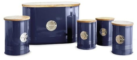 Tower, T826213MNB, 5 Piece Storage Set, Bread Bin, Biscuit Tin, 3 Storage Canisters. Airtight Lids, Midnight Blue