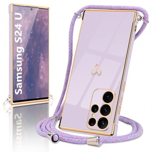 Micoden Coque pour Samsung Galaxy S24 Ultra 5G Silicone avec Collier avec Motif Coeur d'amour Mignon Etui Housse avec Cordon Tour de Cou Lanière en Corde pour Samsung Galaxy S24 Ultra 5G(Violet)