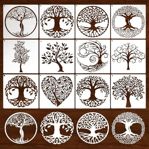 12 Pièces Pochoir en Arbre de Vie, Arbre Pochoirs, Pochoir Arbre de Vie pour Travaux Manuels, Petits Modèles de Dessin de Palmier, pour Bricolage, Scrapbooking, Décoration