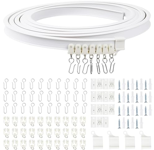 5 m Biegsame Vorhangschiene, 110 Pcs Deckenschiene Vorhang Raumteiler mit Zubehör, Deckenvorhangschiene Flexibel Kunststoff, Wand Vorhangschienen Gebogene für Erkerfenster Dusch, Weiß (B)