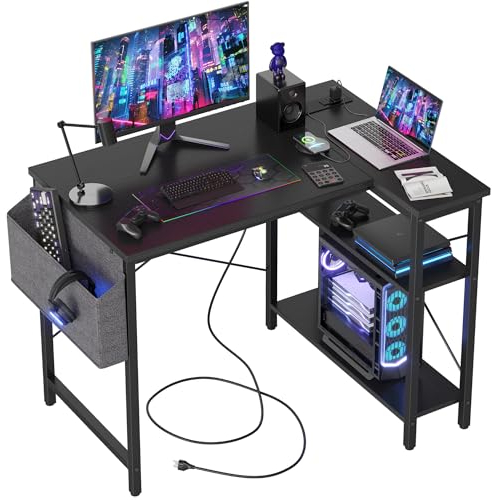 BEXEVUE L-förmiger Schreibtisch mit Steckdosen, 100 x 70 cm, Reversibel Gaming Tisch Kleiner Computertisch mit Seitentaschen, Eckschreibtisch für Büro und Homeoffice Stärker X Form Halterung, Schwarz