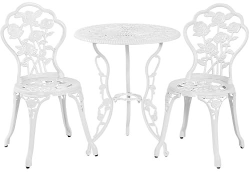 costoffs 3-Piece Cast Aluminum Bistro Set with Umbrella Hole, White | Durable Rustproof Metal Structure | Vintage Rose Carved Design | Built-In Umbrella Hole | All Weather Balcony Poolside Patio
