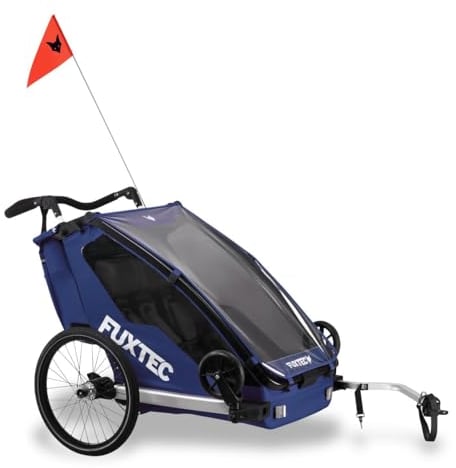 Fuxtec Carrello rimorchio per Bici Sportfux FA1 2in1 Convertibile in buggy con 2 Posti, Borsa Posteriore, Riflettori, Maniglia adattabile, Protezione Pioggia e Sole, Pieghevole Sicurezza Top BLU