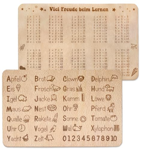 Frühstücksbrettchen Kinder mit Gravur zum ABC und 1x1 lernen Spiel, Geschenke zur Einschulung, Holzbrettchen Schulkind Geschenk Schulanfang Mädchen Jungen, Schultüte Füllen Ideen Zuckertüten Füllung