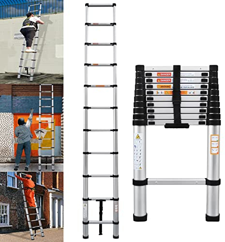 Ausziehbare 10,5-Fuß-Leiter Aluminium-Teleskopverlängerung Zusammenklappbare Leiter Ausziehbare kompakte Lange gerade Leiter, 80 cm geschlossene Länge, für Hausarbeitsklettern, 10 Stufen, 30 cm Stufe