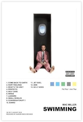 Mac Miller Swimminc Poster, Trackliste, Albumcover, Poster, 2 Leinwandposter, Wandkunst, Dekordruck, Bild Gemälde für Wohnzimmer, Schlafzimmer, Dekoration, ungerahmt, 40 x 60 cm