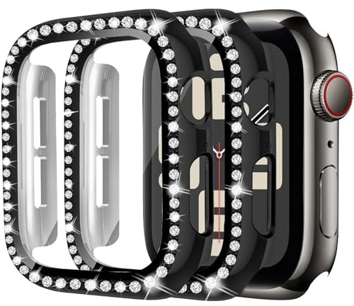 2 Stück Bling Hülle für Apple Watch Schutzhülle 40mm für Damen,Harte PC Diamant Glitzer vollständiger Schutz Displayschutz für iWatch Serie 10 9 8 7 6 5 4 SE,01-Schwarz/Schwarz