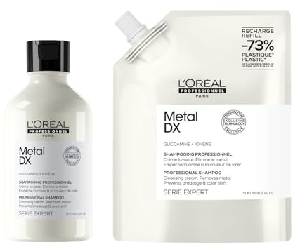 L'Oréal Professionnel Metal DX Shampoo-Set für alle Haartypen, beugt Haarbruch & Farbveränderungen vor, Anti-Frizz, Mit Glicoamin, Serie Expert, 300ml & 500ml Refill (73% weniger Plastik)