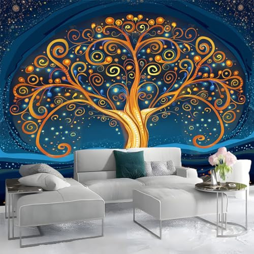 Papier Peint Panoramique 3D Abstrait Arbre de Vie Bleu Papier Peint Intissé Tapisserie Poster Mural Bleu pour Salon Chambre Décoration Murale 400x280cm