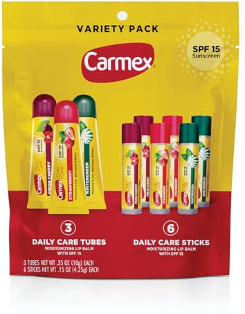Carmex - Ein Beutel mit 9 feuchtigkeitsspendenden Lippenbalsam mit Carmex Daily Care Sonnencreme, inklusive Wintergreen, Fresh Cherry und Strawberry Lippenbalsam (3 Tuben, 6 Riegel)