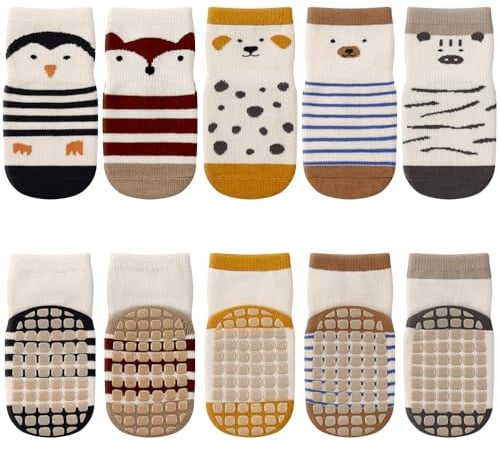 Kyopp 5/10 Paar Socken Baby Kleinkinder ABS rutschfeste Socks Stoppersocken | Rutschsocken für Neugeborene,Tiermotive Stoppersocken Baumwolle Crew Socks ABS Babysocken