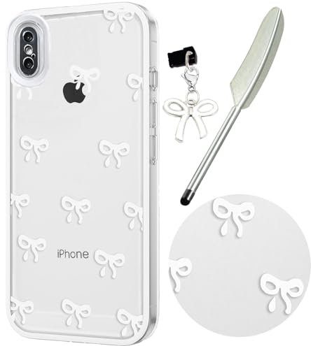 Knoowcase Case for iPhone X, Cute Bowknot Pattern Clear Soft TPU Shockproof Phone Case for iPhone XS, Slim Fit Silicone Bumper Shell Drop-Protection Transparent Cover for Women Girls,White