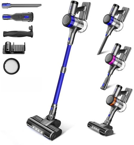 Dzaki Akku-Staubsauger, 45KPa Stabstaubsauger Kabellos Beutellos mit Display, Anti-Tangle-Bürste, 55Min. Laufzeit, Herausnehmbarer Akku, Kabelloser Akkusauger für Hartböden Tierhaare Teppich Auto