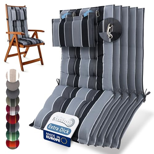 Beautissu 5er Set Premium Hochlehner Auflage Kopfpolster rutschfest Stoff | 120x50cm 8cm dick Anthrazit gestreift robuster UV-Lichtechtheit 5 Gartenstuhlauflage Polster Befestigungsbänder Robust Sun-HL