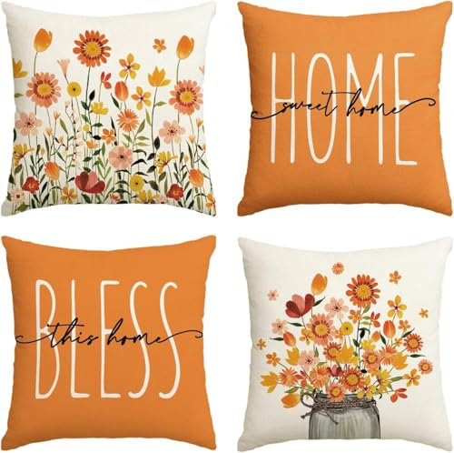 Hopomoon Autumn Farmhouse Floral Cushion Covers 40 x 40 cm Set of 4,Orange Floral Decorative Square Throw Pillow Covers,Home Decor Pillowcases for Couch Bed Car and Outdoor
